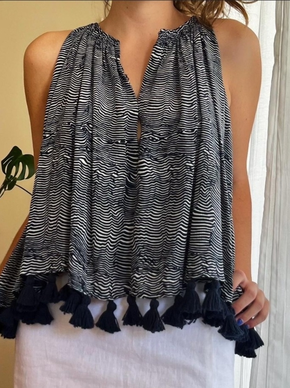 Women's Navy & White Tassel Swing Top